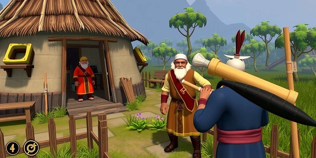 Bicholim Bandits Gameplay Screenshot Bicholim Bandits gameplay showing character interacting with village elders in traditional setting
